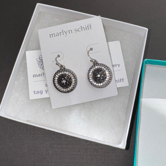 Marlyn Schiff Earrings Rhinestone Round Drop Dangle Black Silver New - Picture 8 of 10
